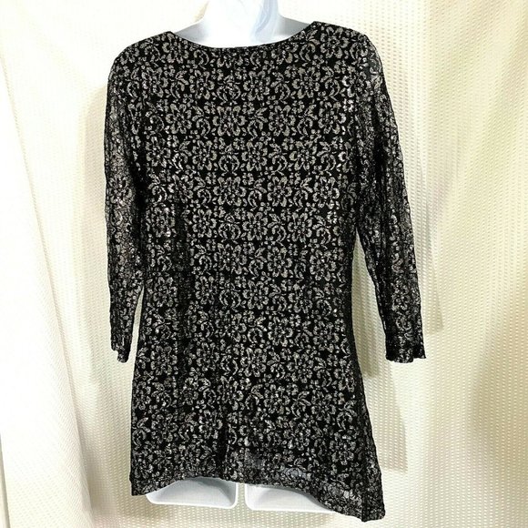 Black Silver Lace Embellished Metallic Top Blouse - Picture 6 of 7